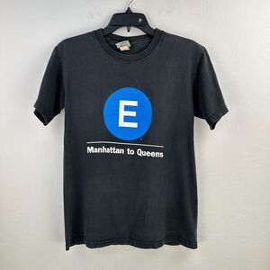 Vintage NYC Subway Line T-shirt Mens Small Black Cotton Manhattan To Queens‎ Tee